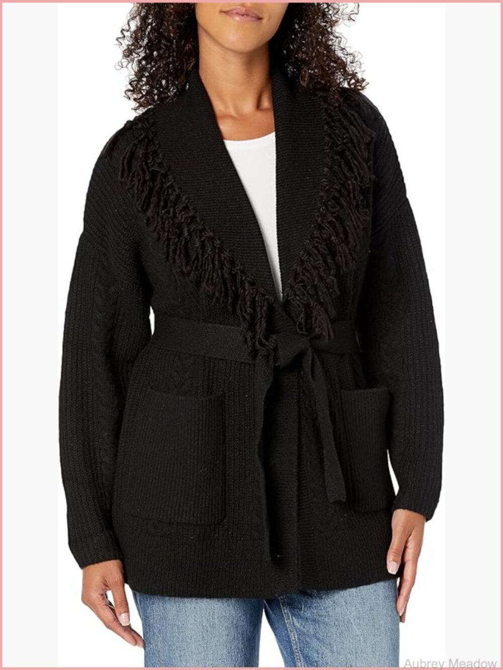 Wool Blend Jacquard Long Sleeve Belted Cardi Sweater